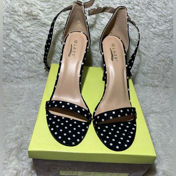 Glaze Charlie Ankle Strap Heels Black Polka Dot Womens Size 9 NEW - Picture 1 of 8